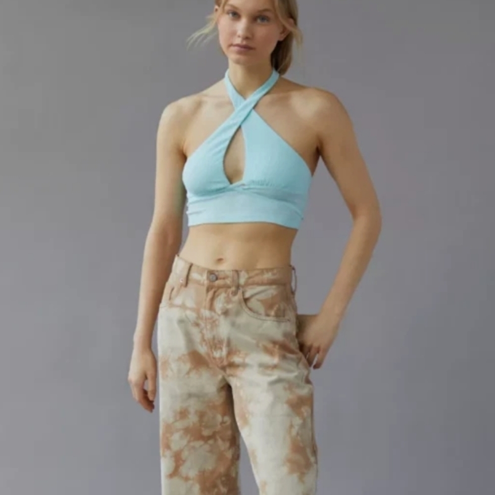 Urban Outfitters Valeria baby blue keyhole cutout halter crop top